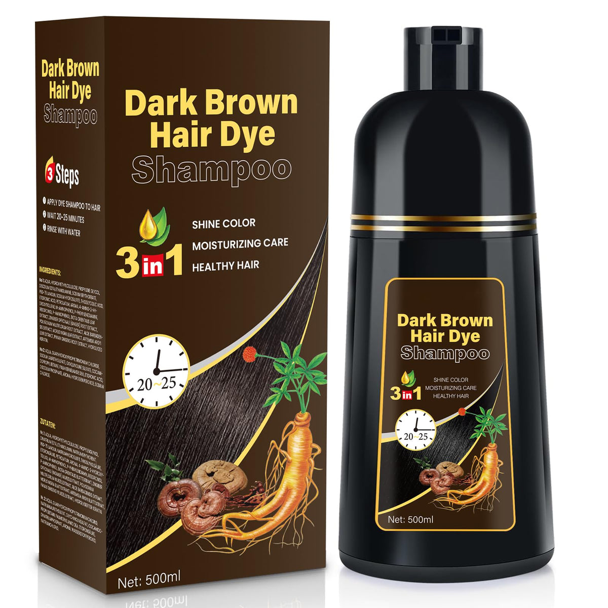 YOURTONE dark brown hair dye shampoo bottle showing herbal formula and packaging benefits