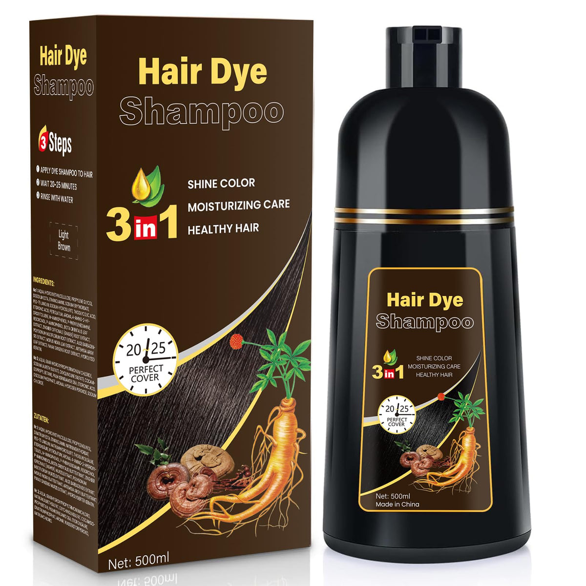 YOURTONE Hair Dye Shampoo bottle showing plant-based formula for gray hair coverage.