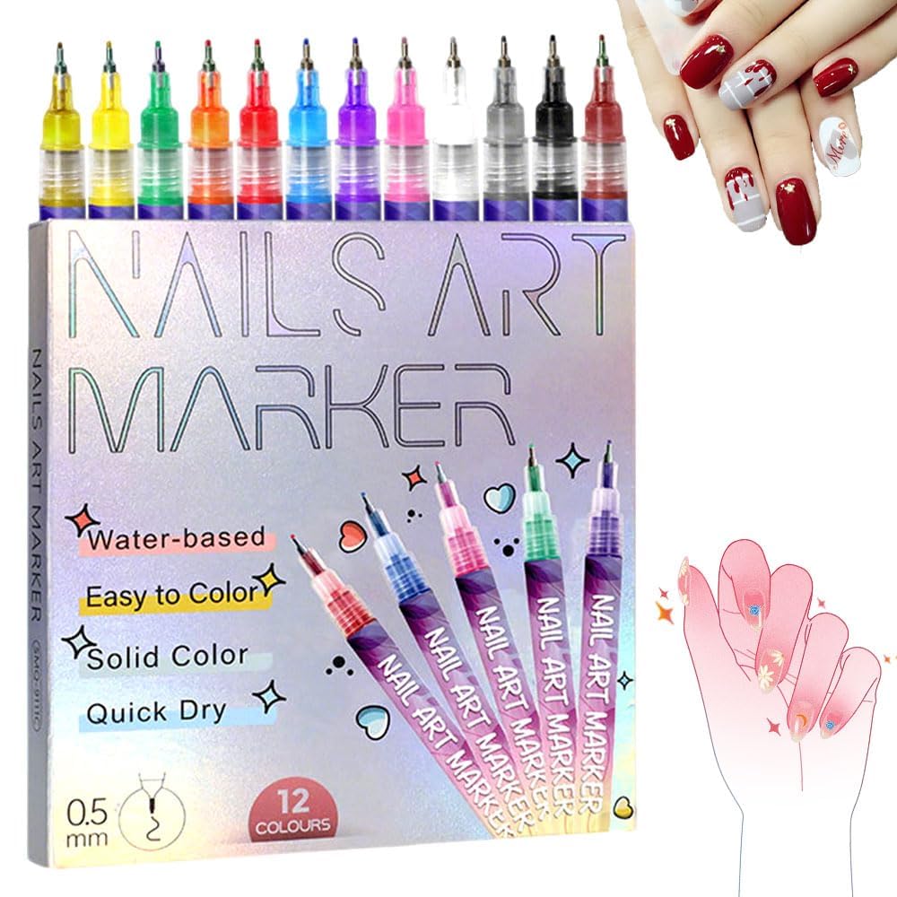 YOUSHEME 12-color nail art pens set with precise 0.5mm tips for detailed designs