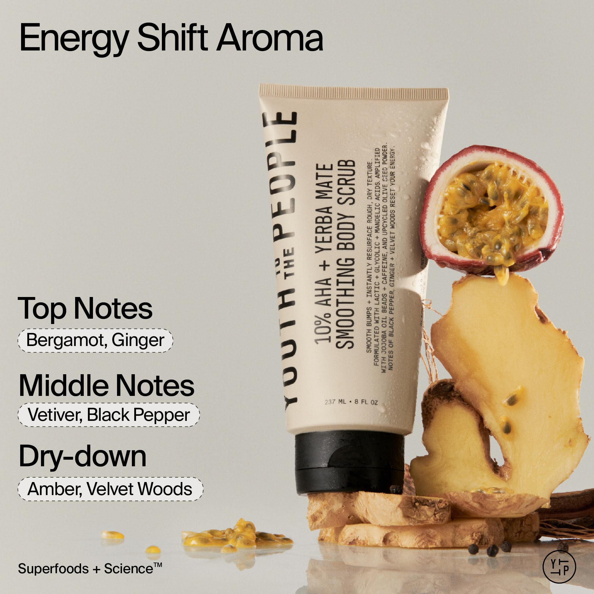10% AHAs shown in Youth To The People scrub for skin refinement.