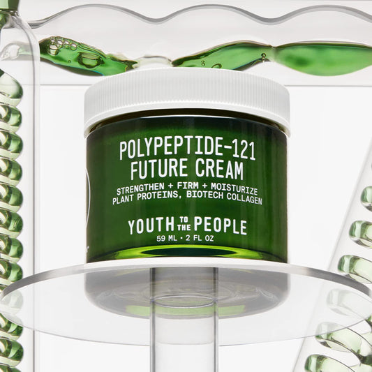 Youth To The People 121-Polypeptide Future Cream jar closeup reveals cushiony texture for smooth absorption.