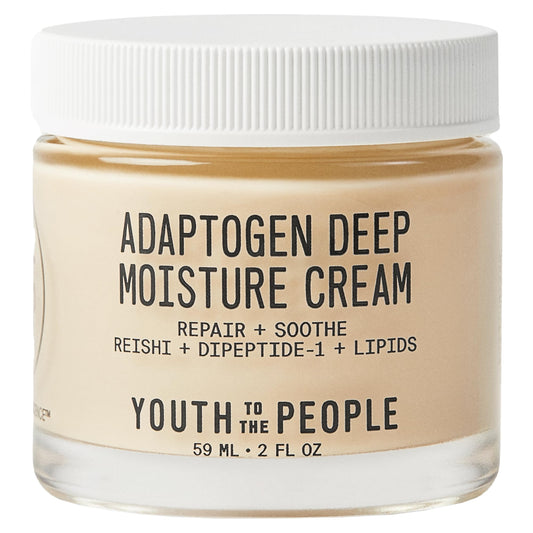 Youth To The People Adaptogen Skin Repairing Moisture Cream bottle demonstrates fragrance-free hydration.