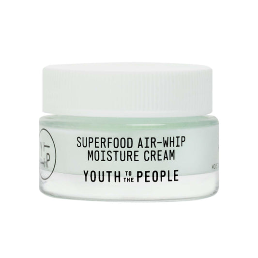 Youth To The People air-whip moisture cream travel jar with fast absorption and dewy finish.