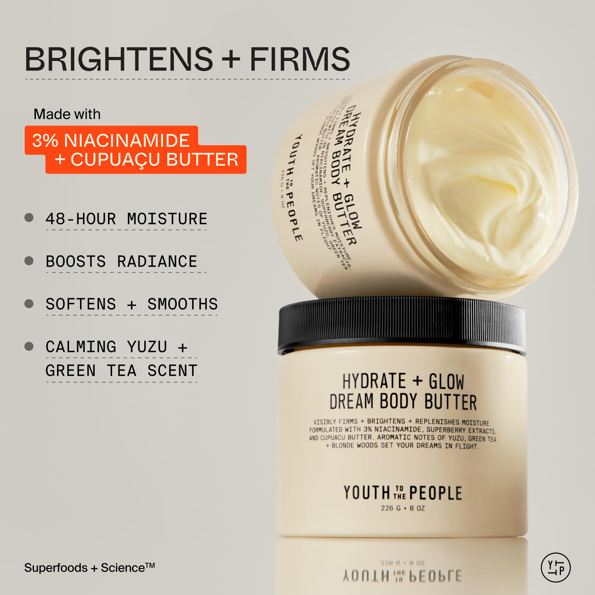 Jar close-up of Dream A La Glow Set body butter highlighting rich moisturization.