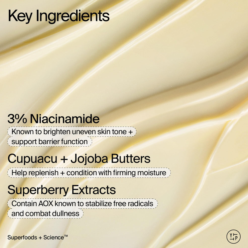 Cupuaçu and jojoba butters illustrate firming hydration on skin.