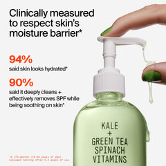 Superfood Cleanser bottle close-up highlighting kale and green tea antioxidant blend