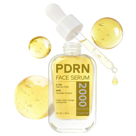 YouthVibe PDRN serum bottle shows branding and potential firming and hydration benefits.
