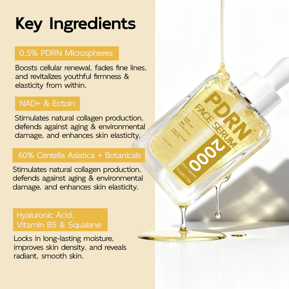 YouthVibe PDRN serum texture close-up hints smoothing action on fine lines.