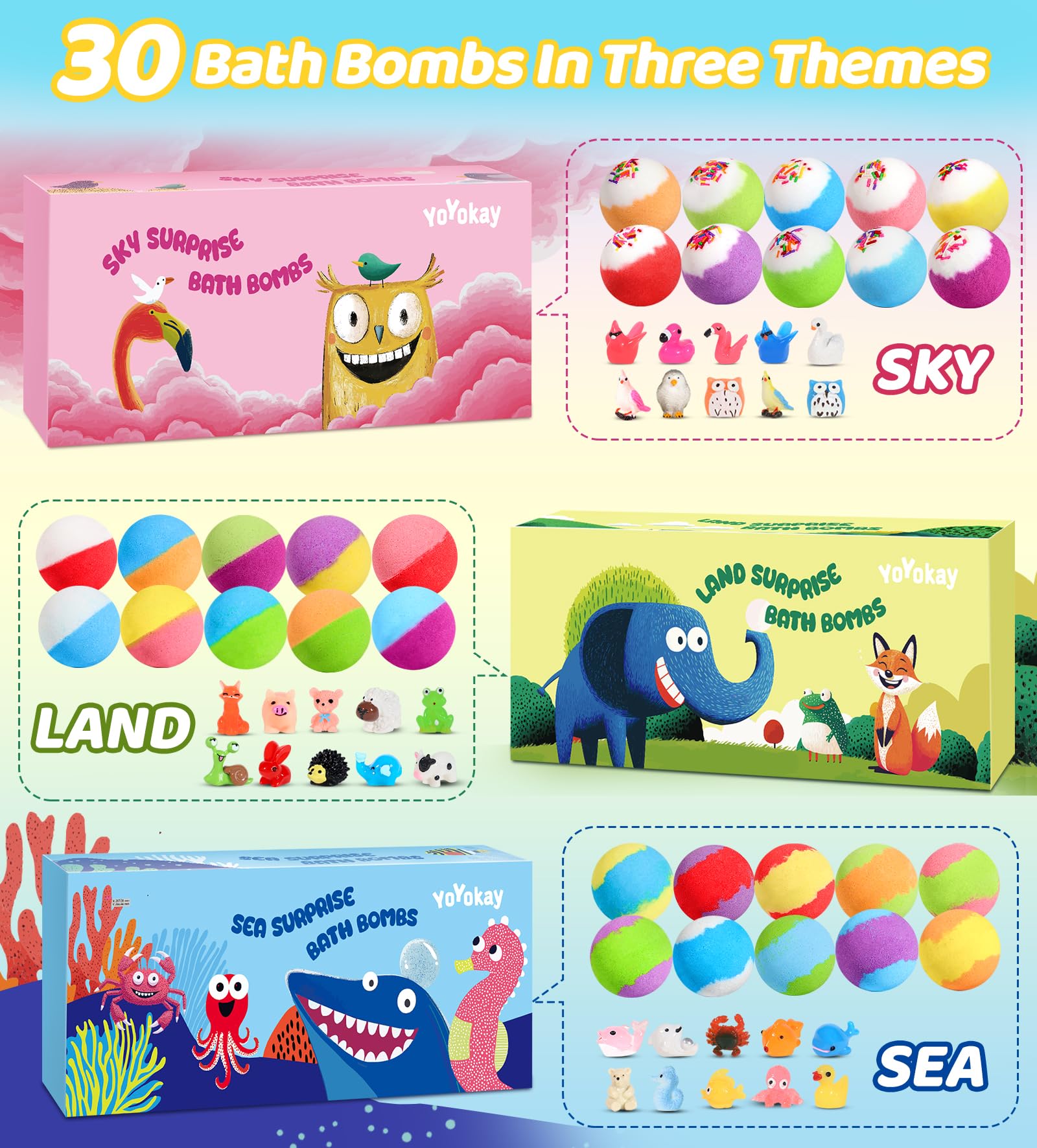 YoYokay land bath bomb reveals animal toy during a playful bath and discovery.