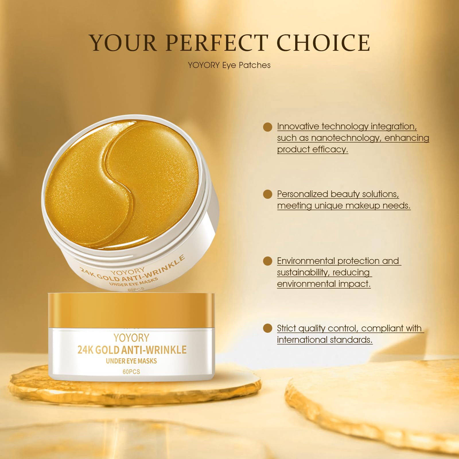 YOYORY 24K Gold Eye Patch minimizes eye bags for a rested look.