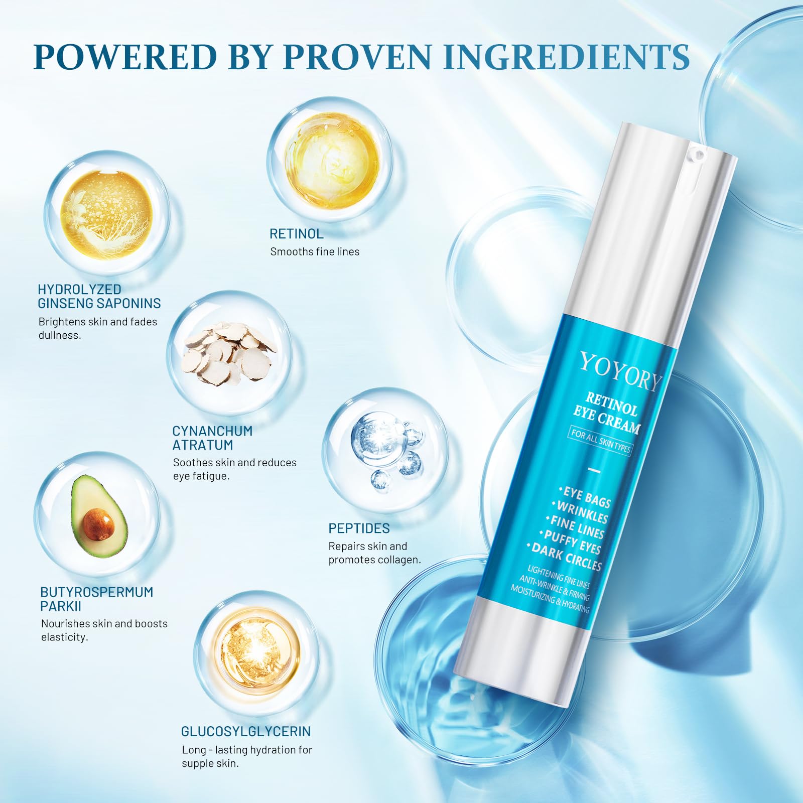 Travel-size YOYORY retinol eye cream bottle ready for on-the-go skincare
