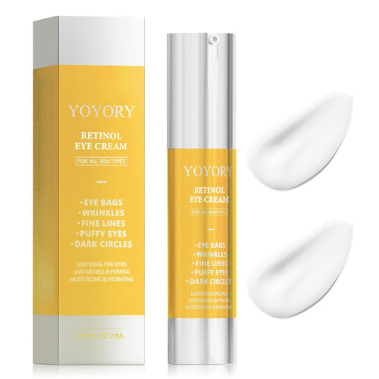 YOYORY Retinol Eye Cream tube close-up showing a nourishing formula for tired eyes.