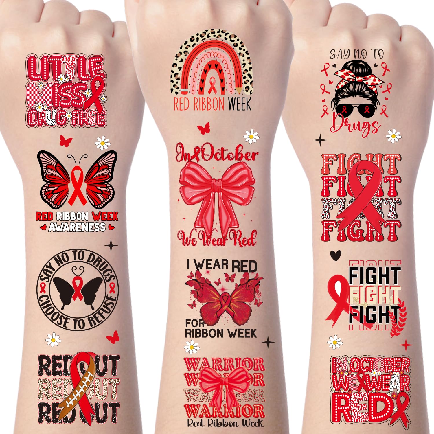 Yoyuspy red ribbon week tattoos on eight sheets for vibrant event decorations.