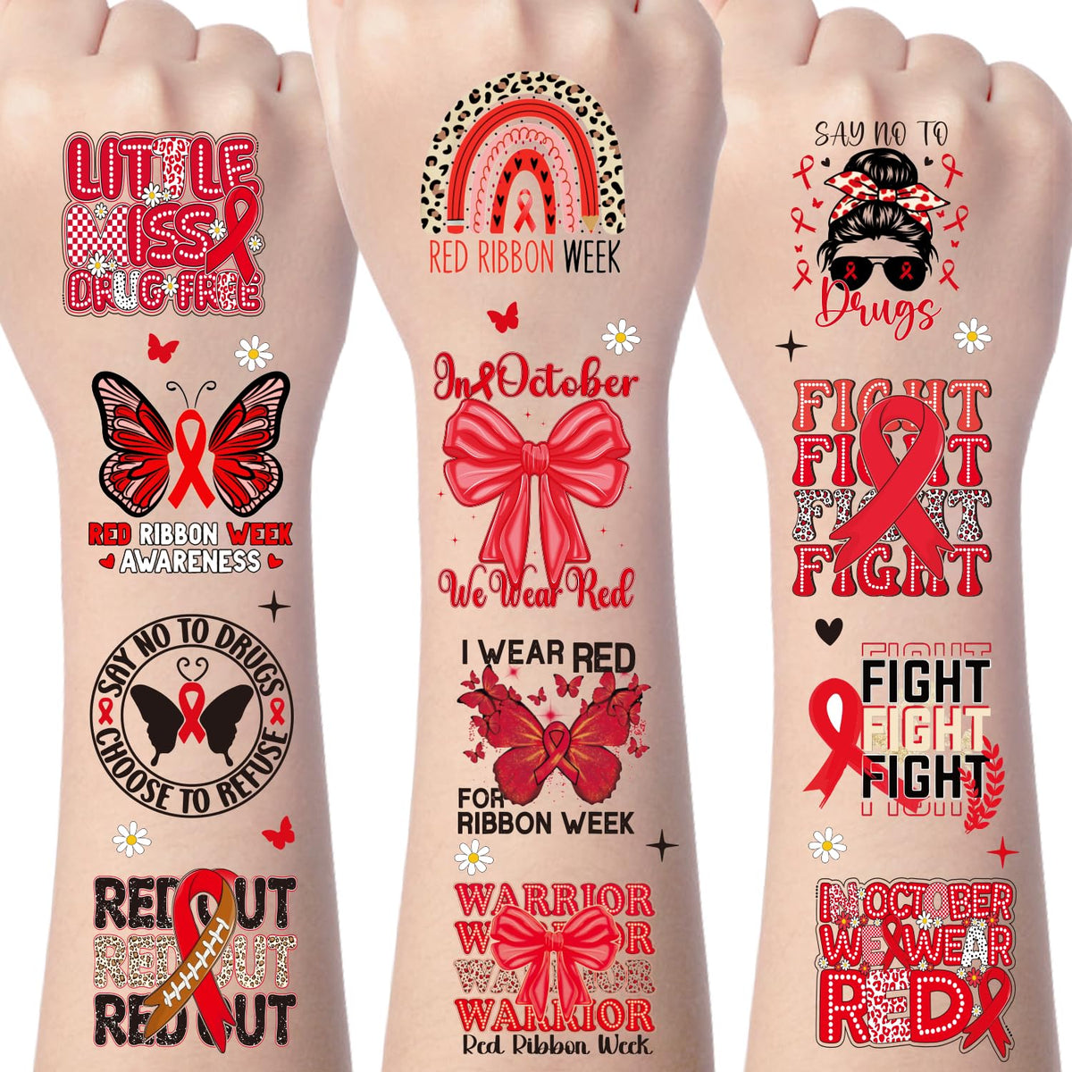 Yoyuspy red ribbon week tattoos on eight sheets for vibrant event decorations.