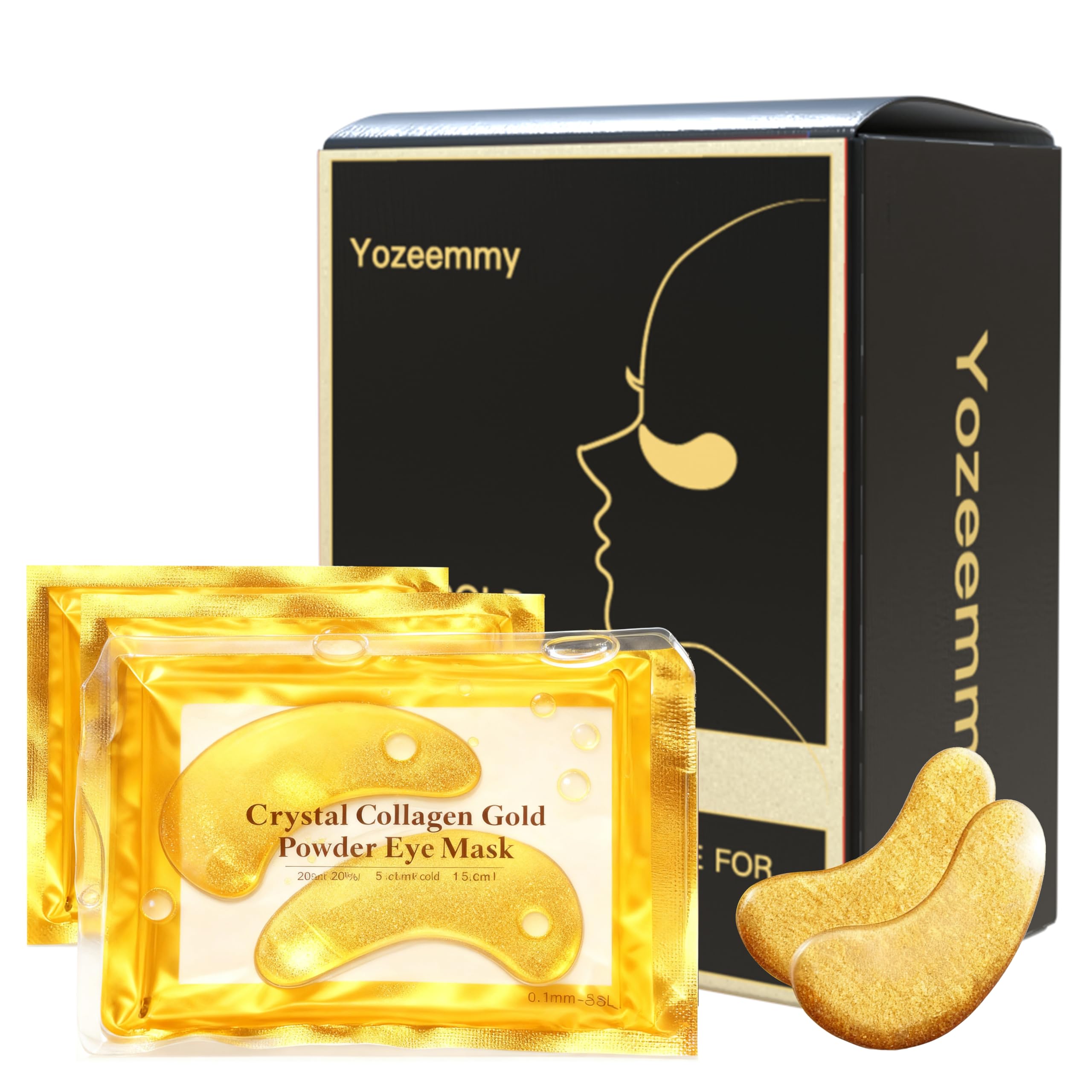 Yozeemmy 24K gold under-eye patches for brightening and puffiness reduction.