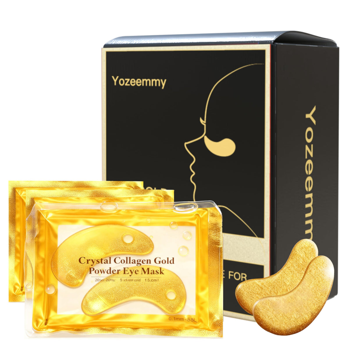 Yozeemmy 24K gold under-eye patches for brightening and puffiness reduction.