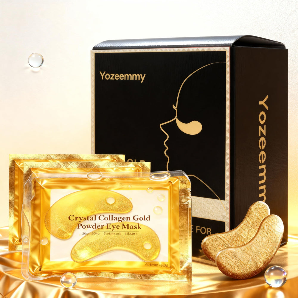 Gift-ready Yozeemmy eye spa set with black and gold packaging.