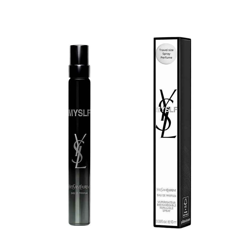 YSL MYSLF bottle close-up reveals a woodsy floral silhouette and luxury glass