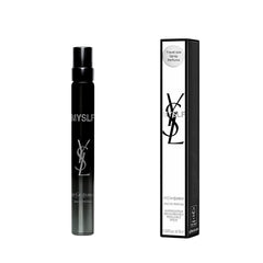 YSL MYSLF bottle close-up reveals a woodsy floral silhouette and luxury glass