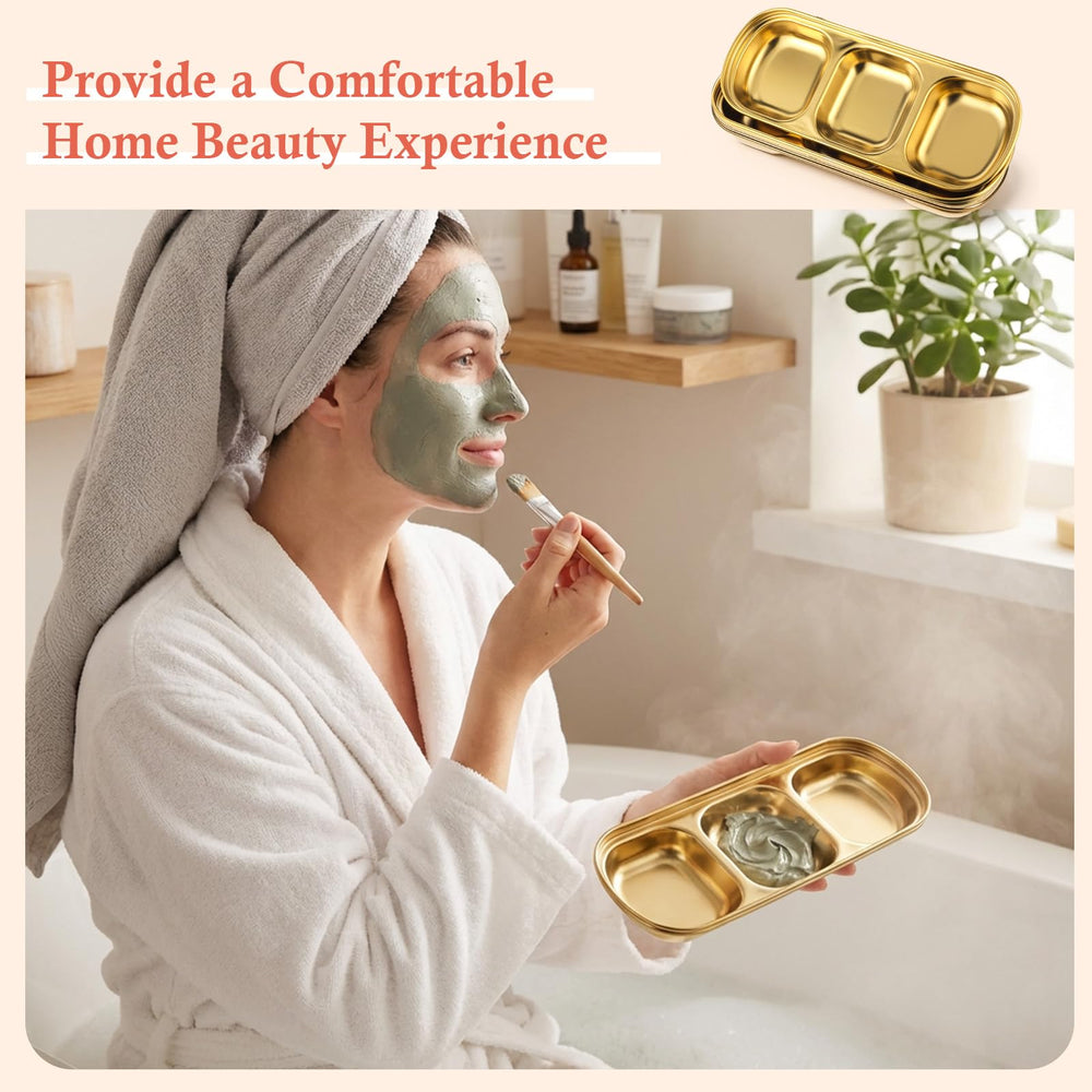 Yuanan home spa setup featuring gold bowls for jewelry and product organization.