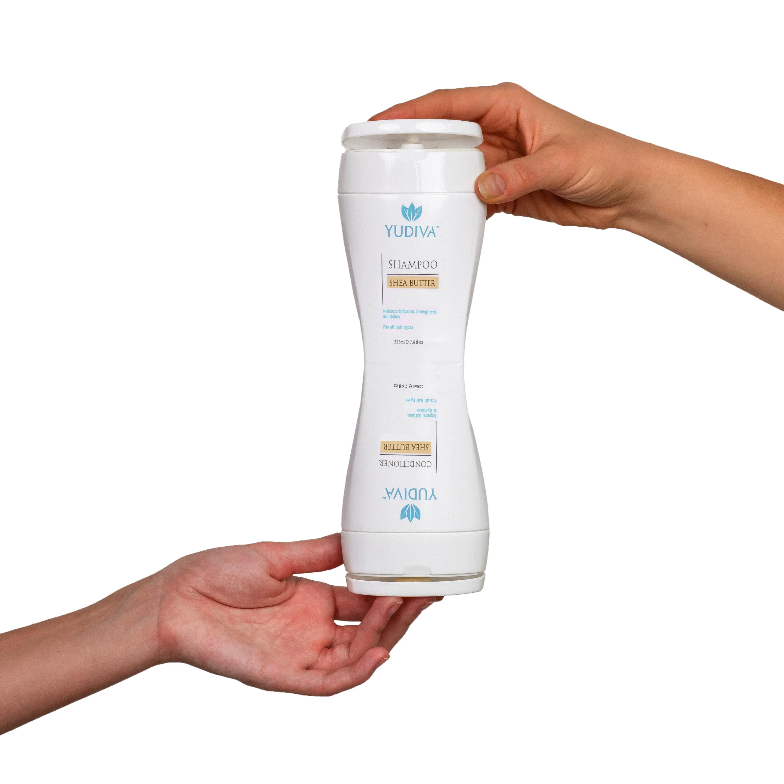 YUDIVA dual-chamber bottle with flip-top caps keeps shampoo and conditioner separate for easy use.