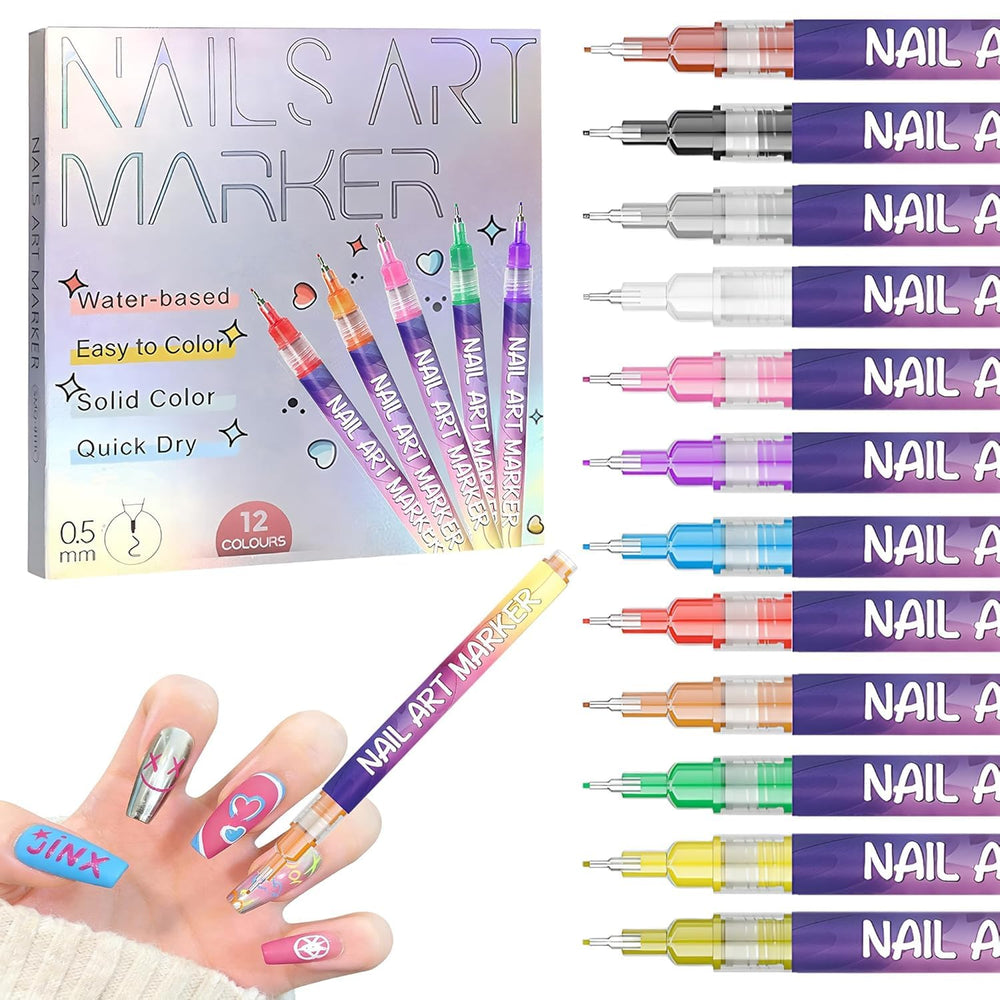 Yueur 12 colors nail art pens set for vibrant DIY designs at home.