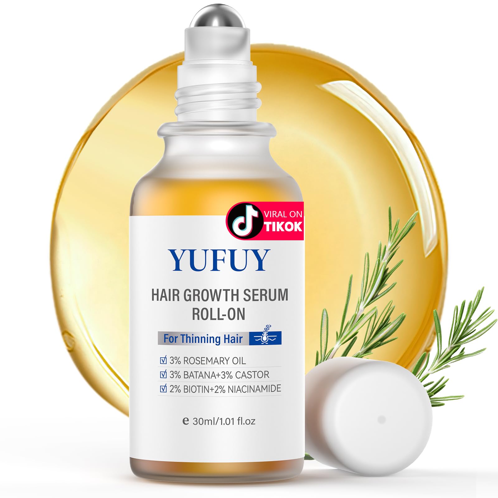 YUFUY Hair Growth Serum Roll-On bottle front for precise scalp application