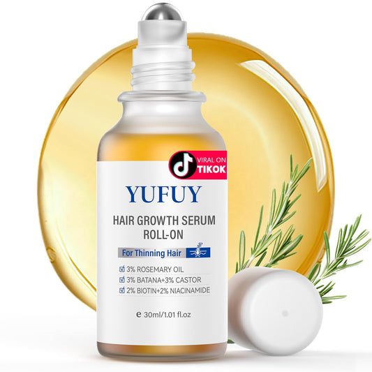 YUFUY Hair Growth Serum Roll-On bottle front for precise scalp application