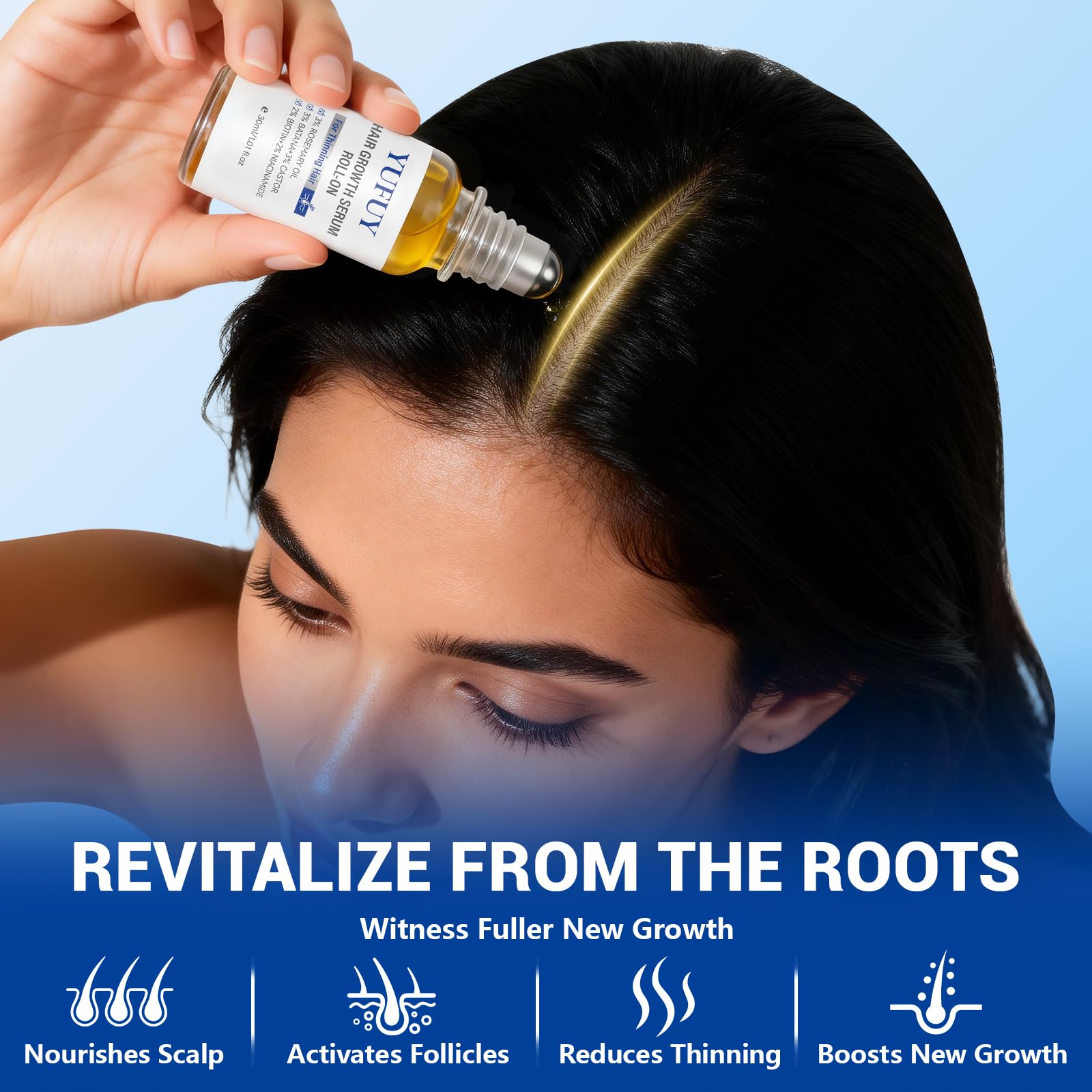 YUFUY Rosemary oil scalp-care close-up for invigorating scent and care