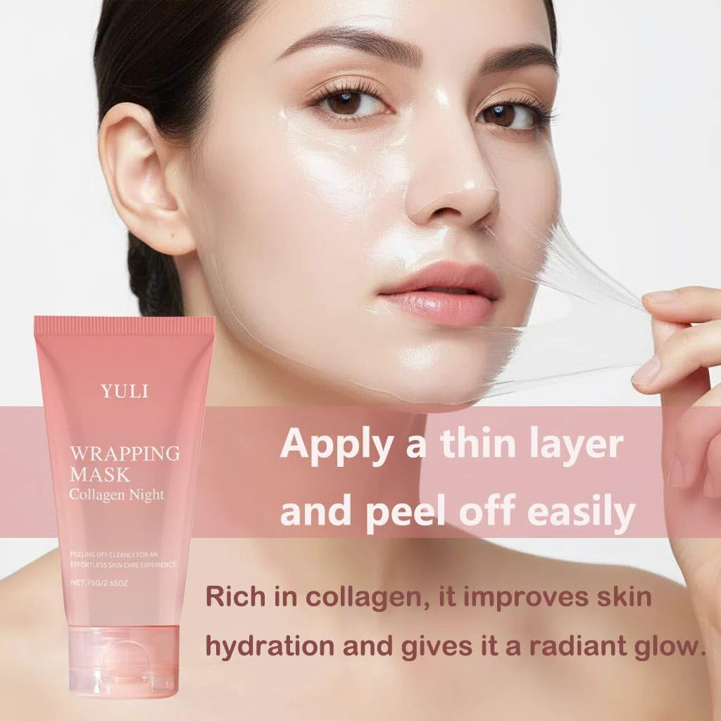 YULI collagen night wrap mask dry peel-off forms on skin.