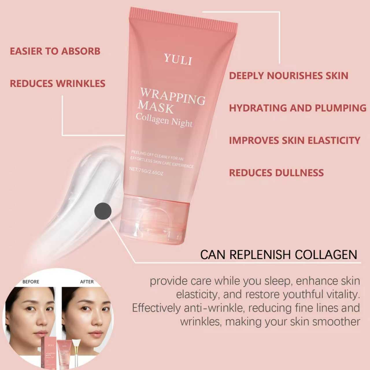 YULI collagen night wrap mask face close-up shows smooth texture.