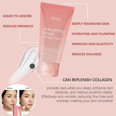 YULI collagen night wrap mask face close-up shows smooth texture.