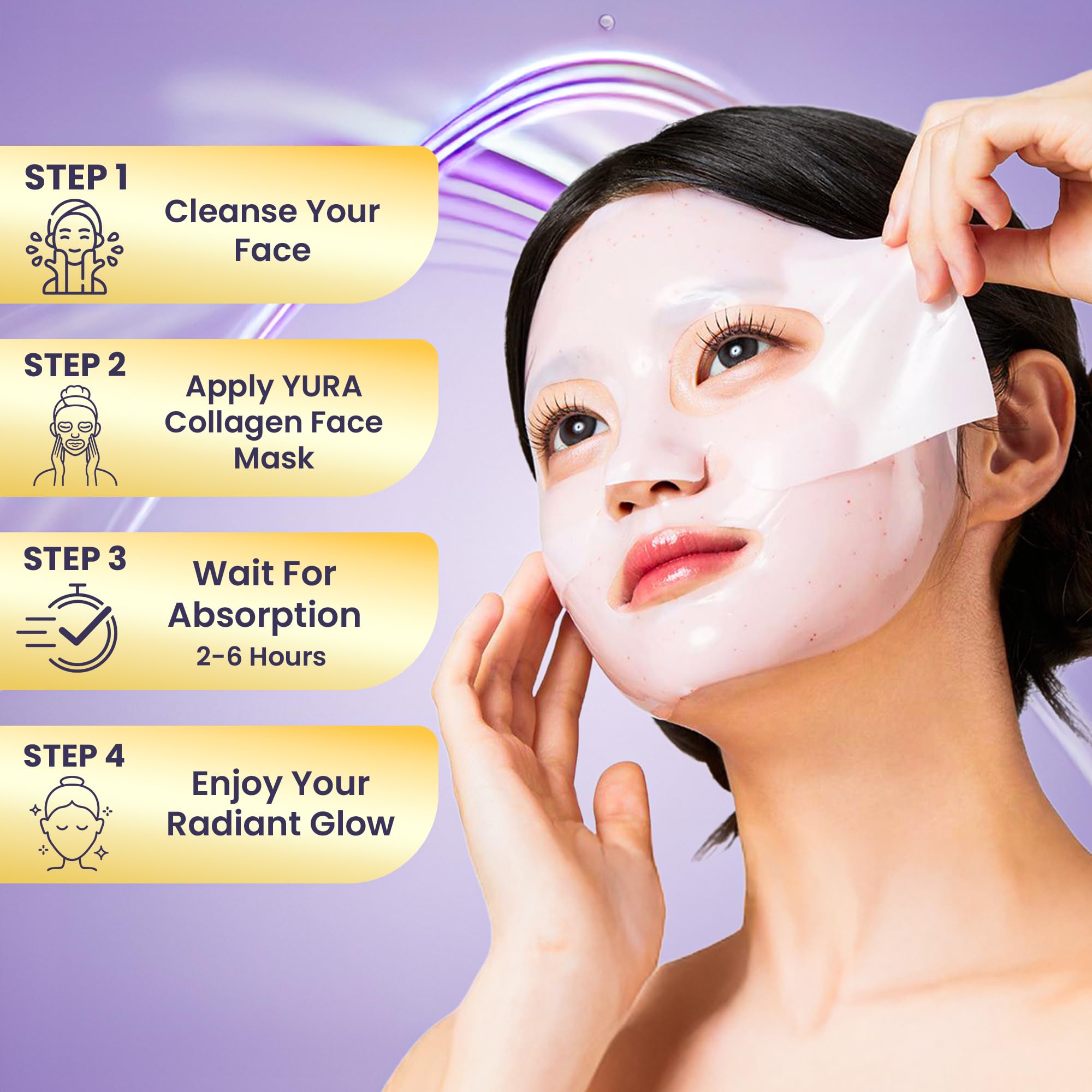 Yura Clean Collagen Sheet Mask on face illustrating overnight renewal.
