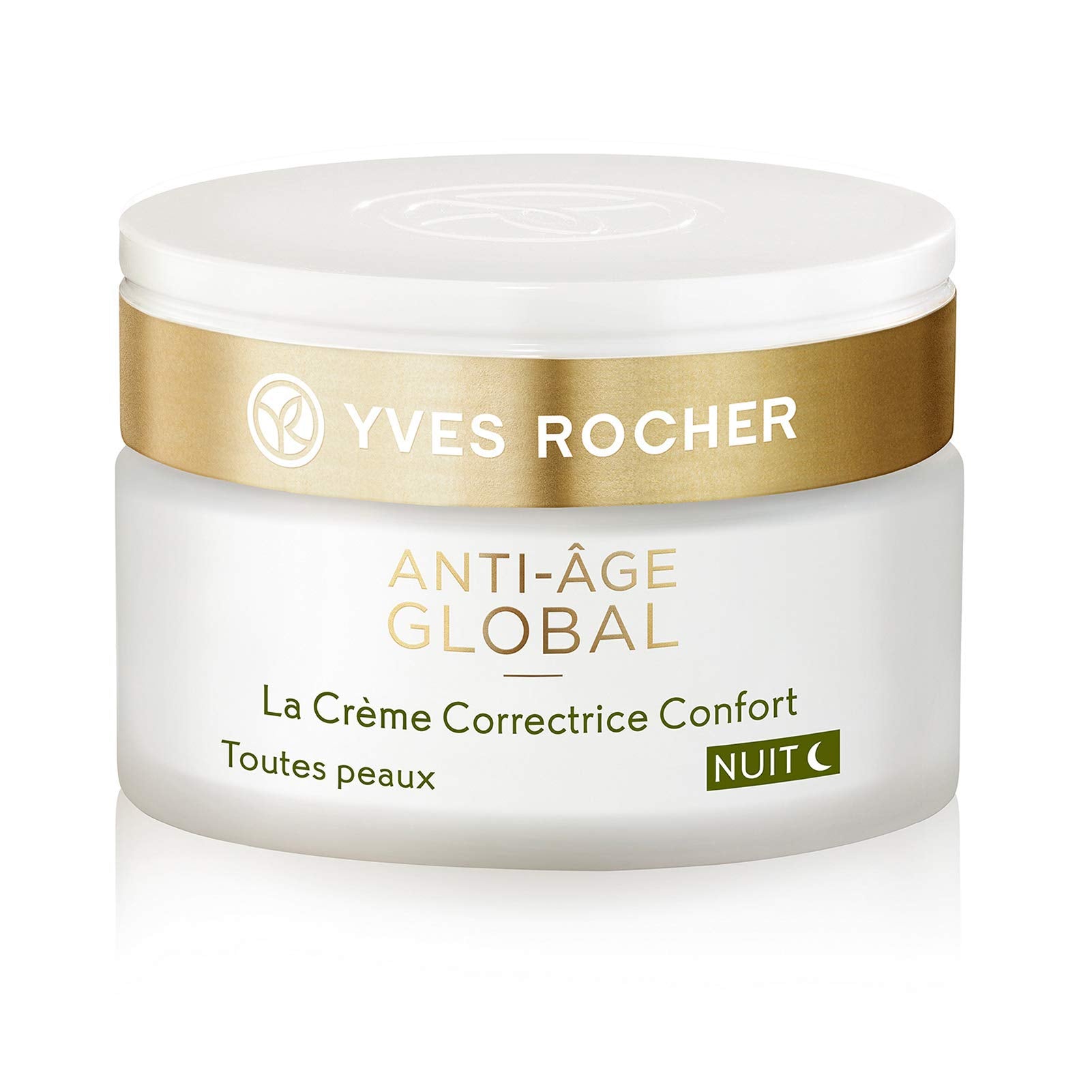 Yves Rocher anti-aging night cream in a jar shows a smooth, luxurious formula for smoother skin