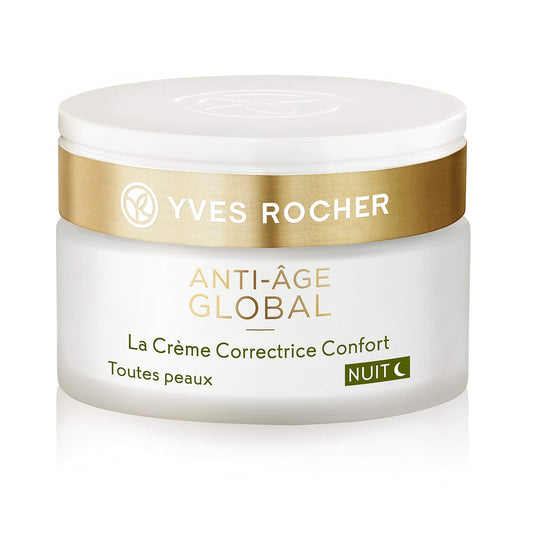 Yves Rocher anti-aging night cream in a jar shows a smooth, luxurious formula for smoother skin