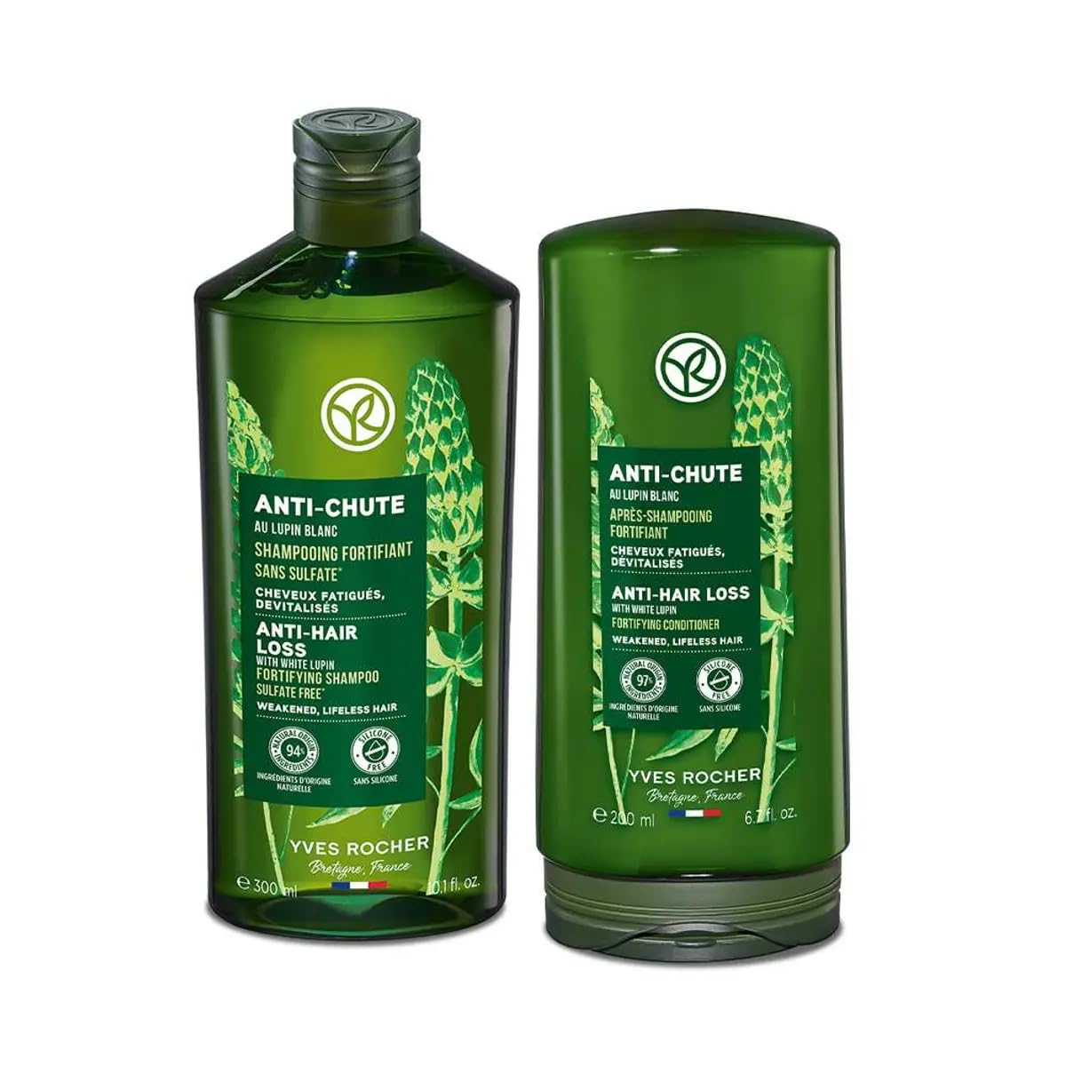 Yves Rocher Anti-Hair Loss Duet bottles with lupine extract for stronger, more resilient hair