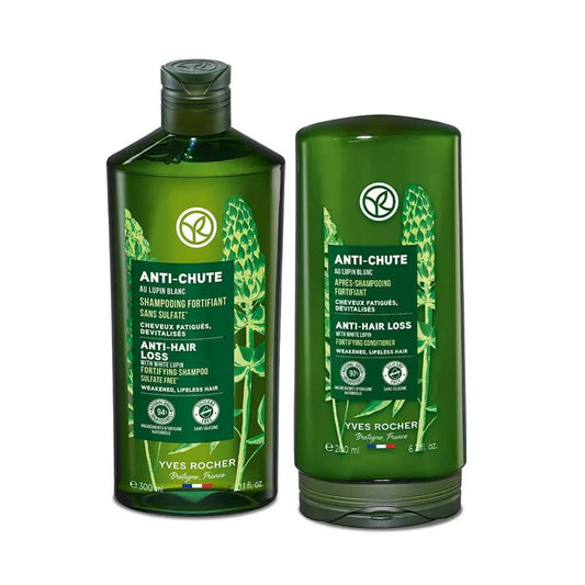 Yves Rocher Anti-Hair Loss Duet bottles with lupine extract for stronger, more resilient hair