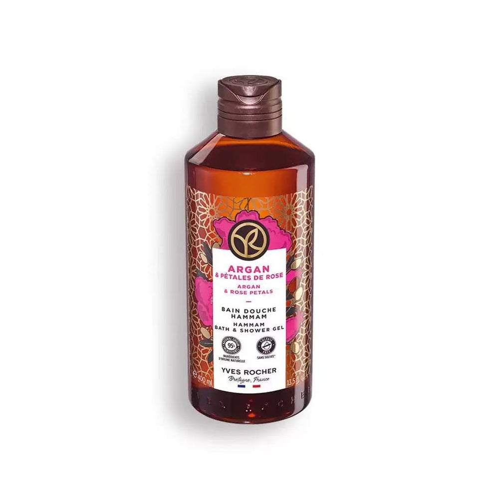 Yves Rocher Argan and Rose Petals shower gel bottle for everyday cleansing