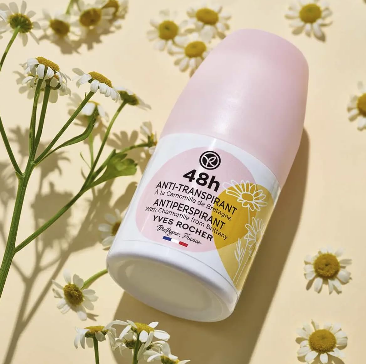 Yves Rocher chamomile underarm application shows easy ball applicator for precise use