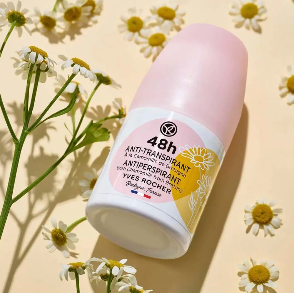 Yves Rocher chamomile underarm application shows easy ball applicator for precise use