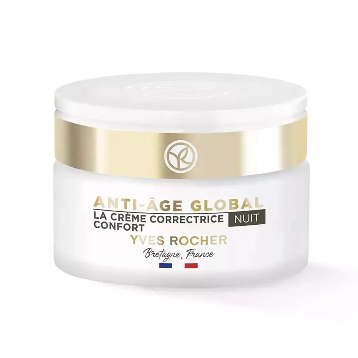 Yves Rocher Complete Anti-Age Night Cream in recyclable glass jar offering instant smoothing for mature skin