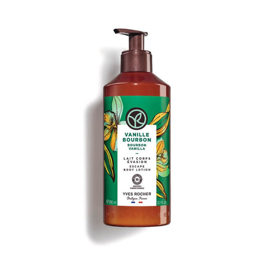 Yves Rocher Escape Bourbon Vanilla Body Milk bottle showing elegant packaging and nourishing formula.