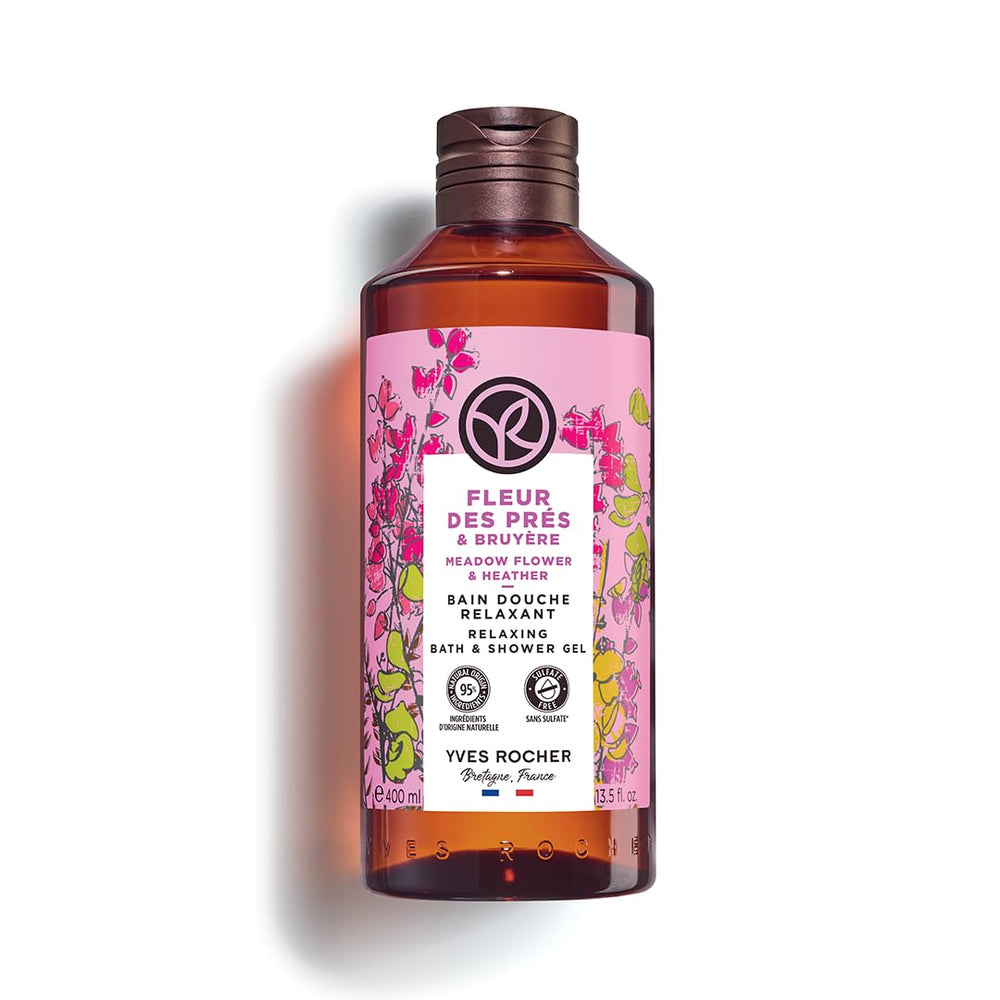 Yves Rocher Field Flowers and Heather bath gel bottle with calming meadow fragrance for daily refreshment.