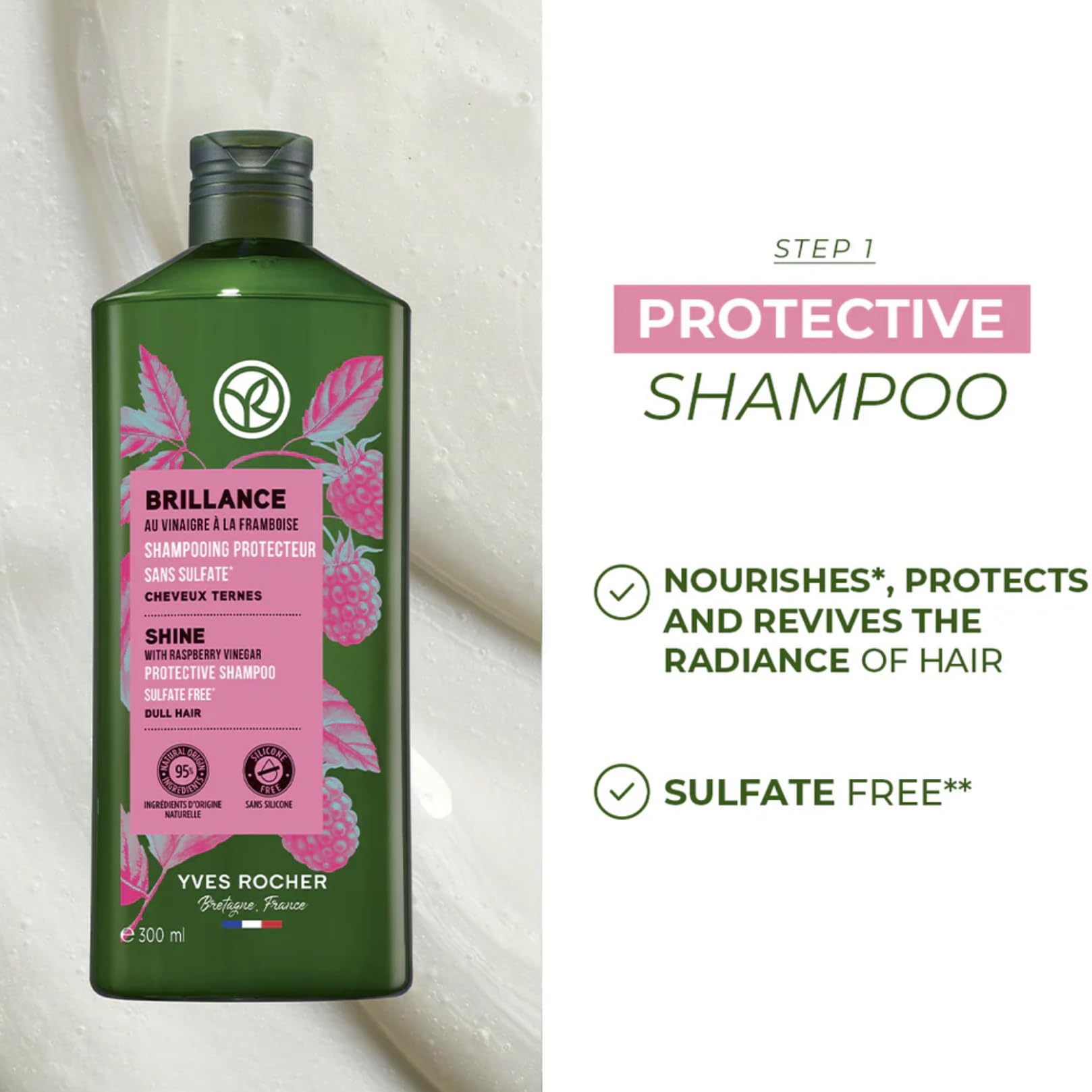 Yves Rocher hair shine close-up showing glossy, vibrant strands