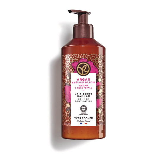 Yves Rocher Hammam Argan and Rose Petals bottle for nourishing body milk and daily hydration.