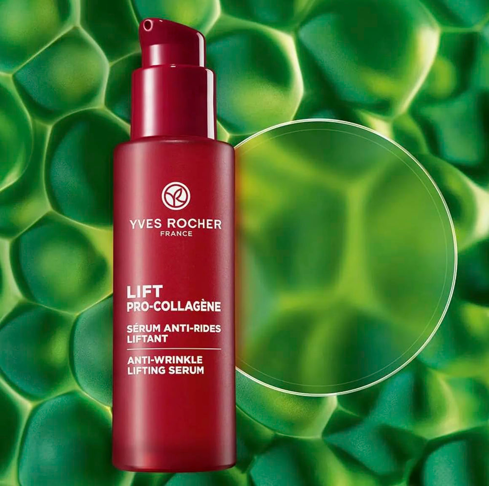 Packaging display of Yves Rocher Lift Pro-Collagene serum bottle for daily use