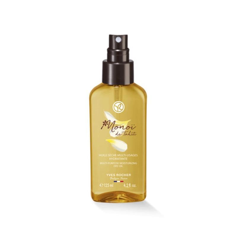 Yves Rocher Monoï de Tahiti dry oil bottle close-up showing lightweight hydration.