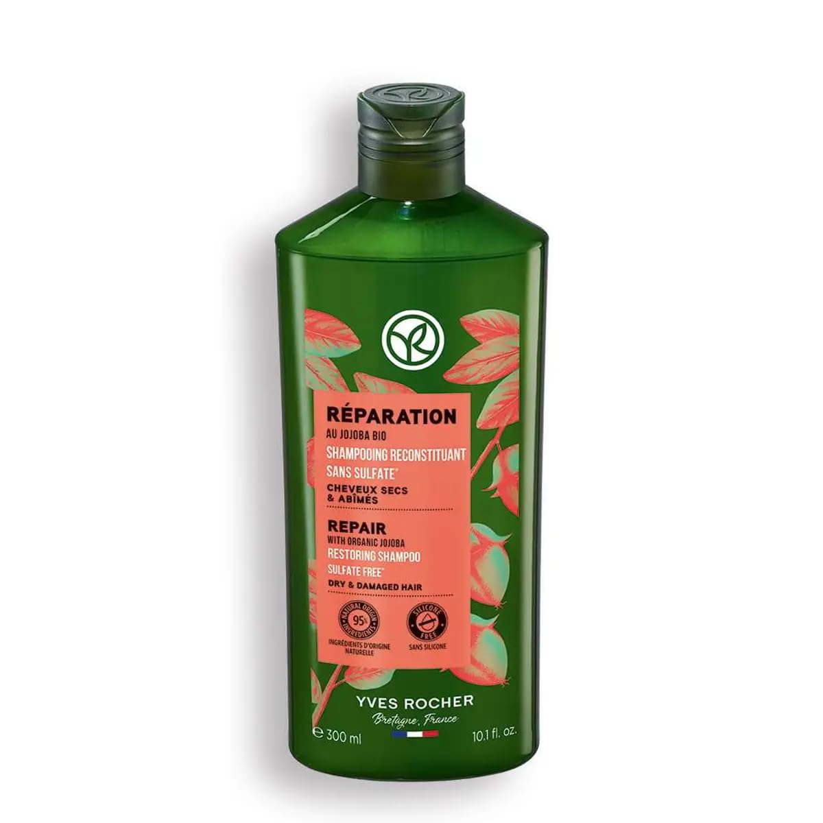 Yves Rocher Nourishing & Restoring Shampoo bottle with jojoba oil for deep hydration.