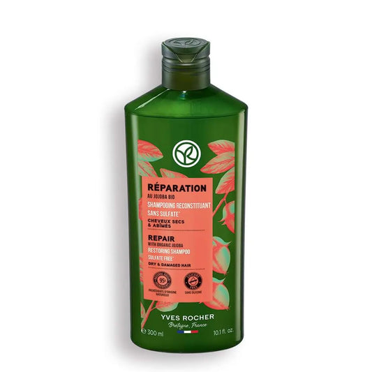 Yves Rocher Nourishing & Restoring Shampoo bottle with jojoba oil for deep hydration.