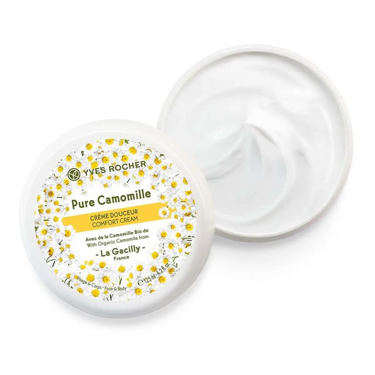 Open jar showing rich calendula cream for day and night care.
